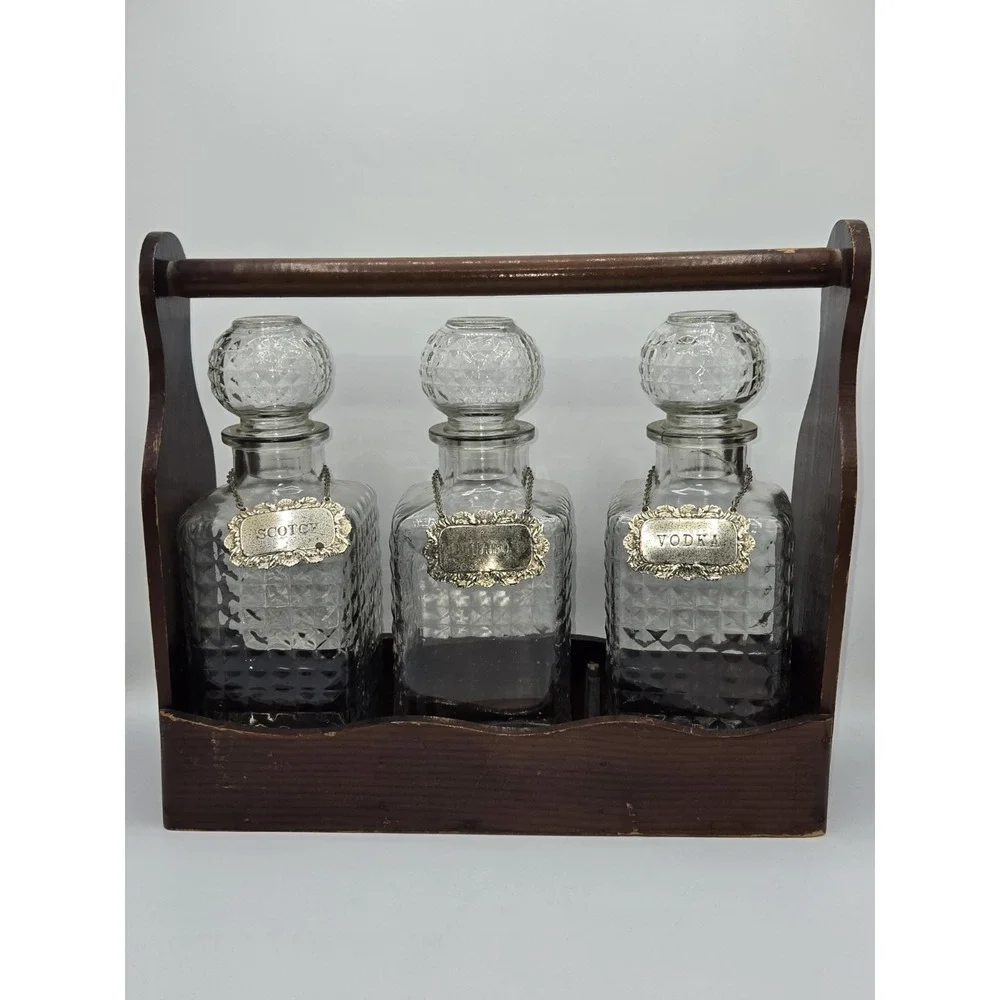 Mid Century Glass Liquor Decanter‎ Set Wood Caddy Scotch Bourbon Vodka 3 Bottle
